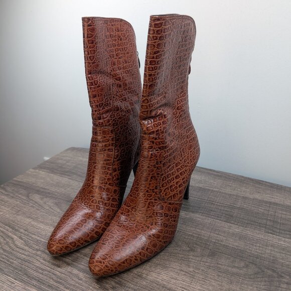 Cole Haan Nydia Cognac Crocodile Style‎ Boots Size 8.5 Heeled Zipper Fall Autumn - Picture 3 of 7